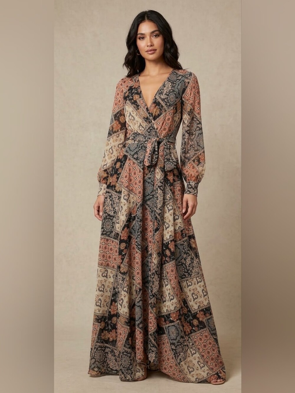 Patchwork Print Wrap Maxi Dress - Black & Rust
